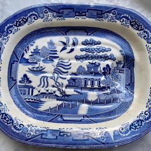 Circa 1840 English Blue Willow “Well & Tree” Meat Platter – Monumental 19th-Century Serving Dish
