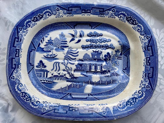 Antique Circa 1840 English Blue Willow “Well & Tree” Meat Platter – Monumental 19th-Century Serving Dish