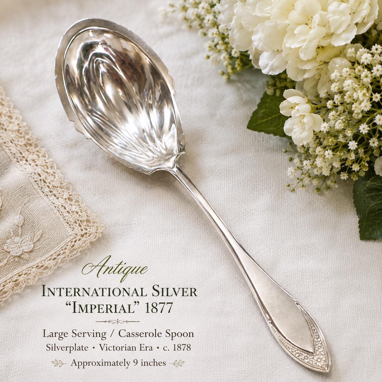 Antique International Silver “Imperial” 1877 Silverplate Large Serving Spoon – Victorian Casserole / Vegetable Spoon – 9”