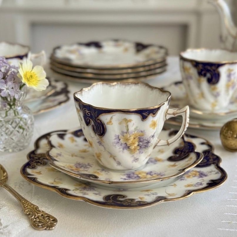 Antique Royal Style Tea Trio – Cobalt Gold & Violets Bone China Set image 1