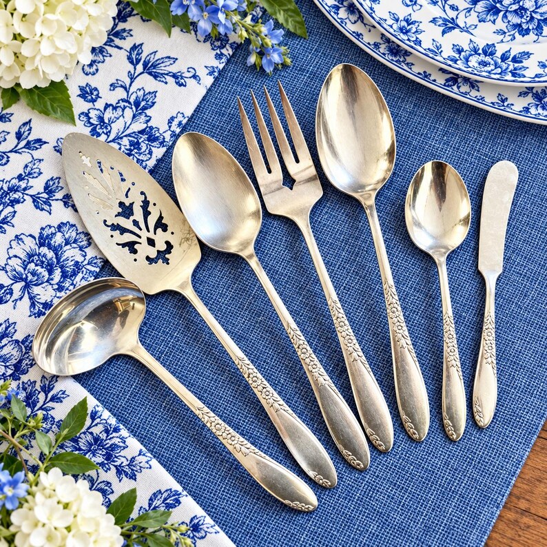 May include: A set of six silver-toned metal utensils including a ladle, a pierced cake server, a large spoon, a three-tined fork, a small spoon, and a butter knife, all featuring a matching embossed floral pattern on the handles.