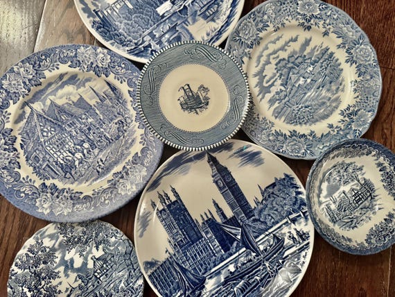 Vintage Blue & White Transferware Plates – English Countryside Scenes, Set of 7