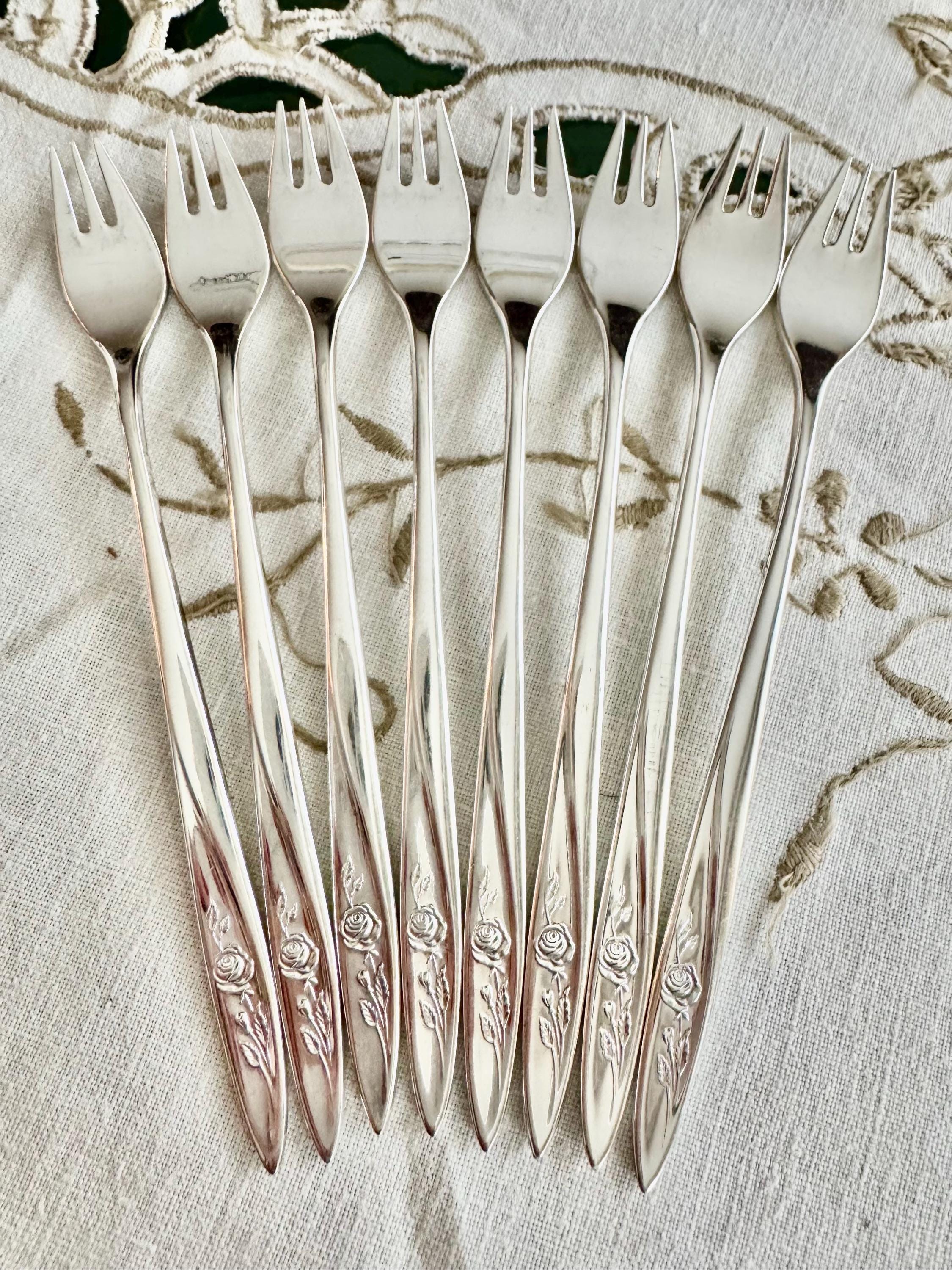Rare Vintage Morning Rose Cocktail / Seafood Forks – Set of 8 – Oneida Silverplate (1960)