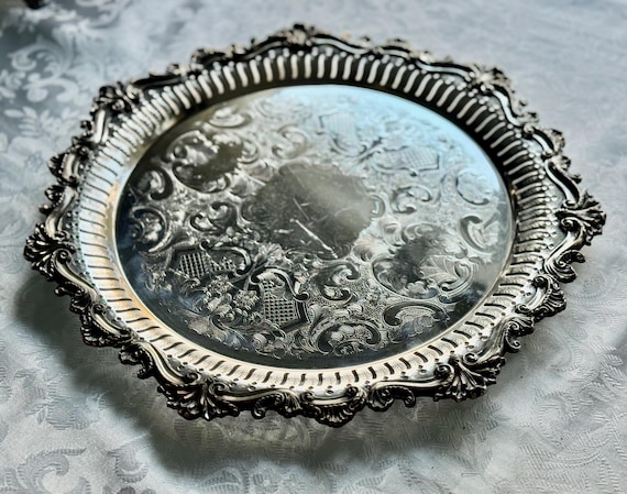 Large Heavy Vintage Silverplate Ornate Engraved Round Serving Tray