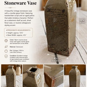 May include: Vintage stoneware vase with a crackle glaze finish, featuring handwritten script and an aged patina. The vase is approximately 12.25 inches tall and 4.5 inches wide at the base. It has warm neutral stone tones.