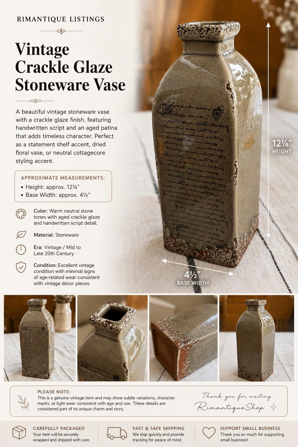 Vintage Rustic Crackle Glaze Ceramic Bottle Vase / Farmhouse Script Decor / Cottagecore Neutral Accent Piece 12”