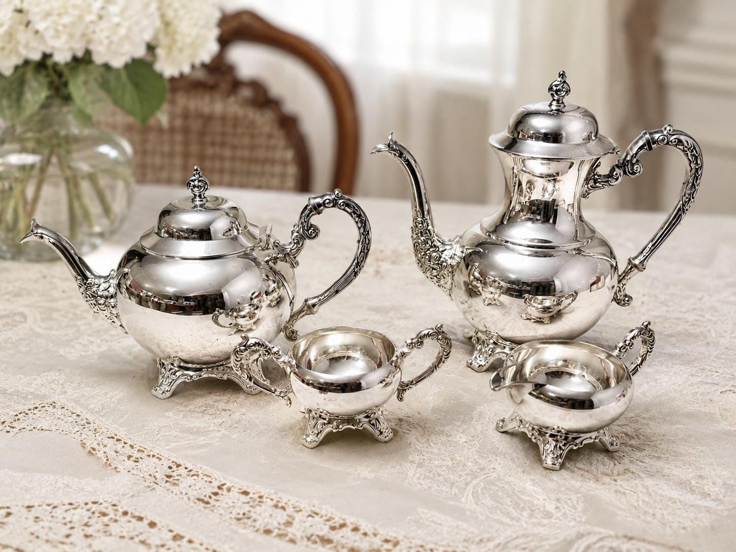 Vintage Wm. A. Rogers Canada Silverplate Tea & Coffee Service – 4 Piece Ornate Footed Set