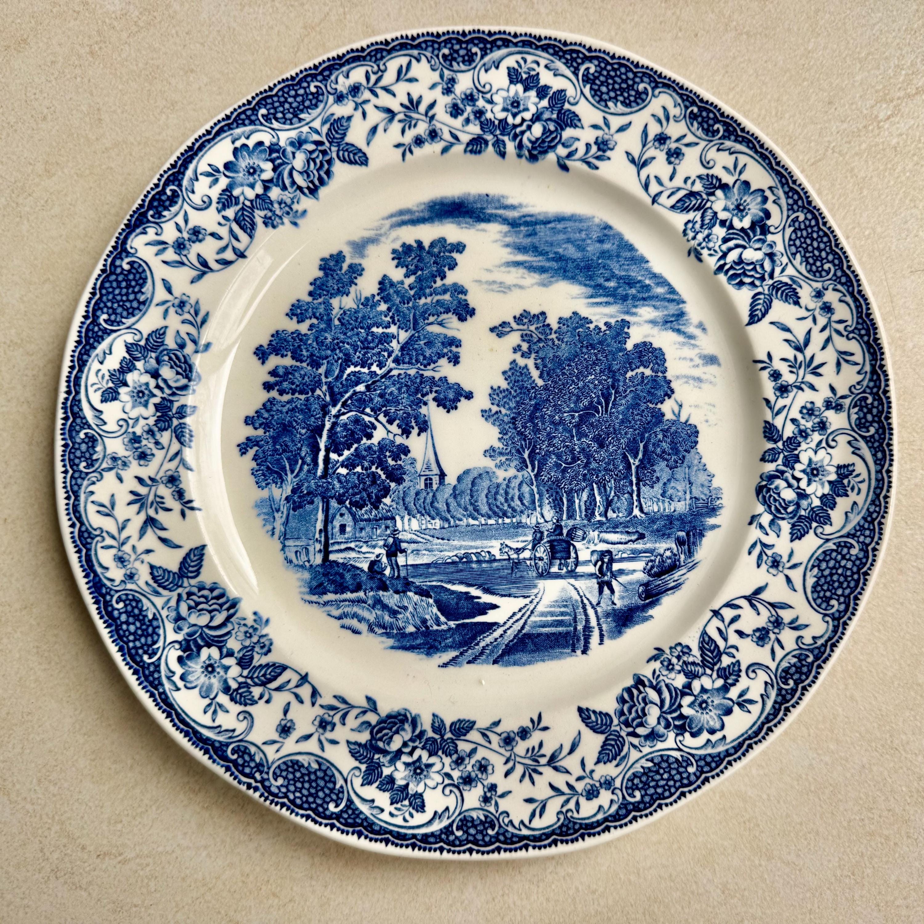 Rare Unique Antique Blue & White Transferware Wall Plate Collection – 5-Piece Assortment