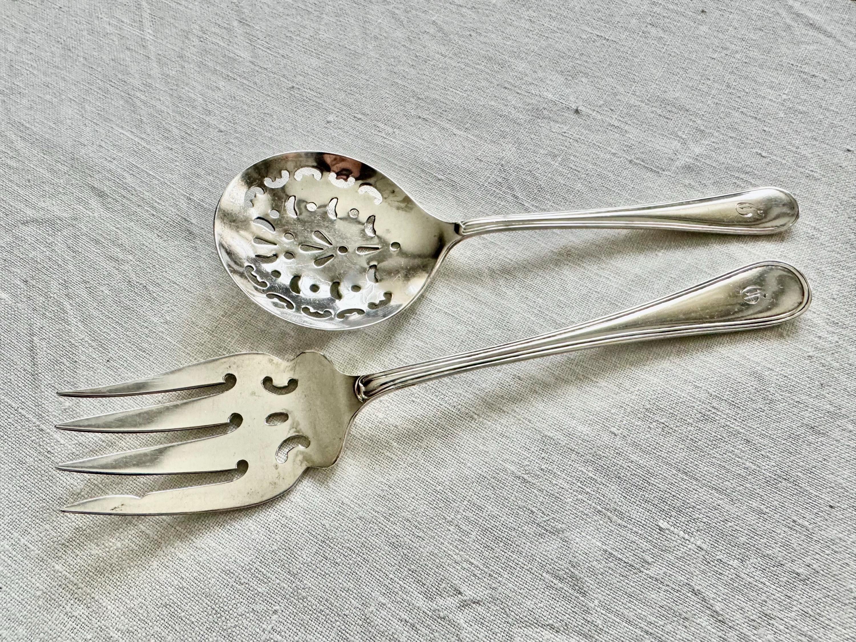 Antique Sterling Silver Dessert Serving Set — Ornate Pierced Spoon & Fork — English Hallmarked — Monogram “D”