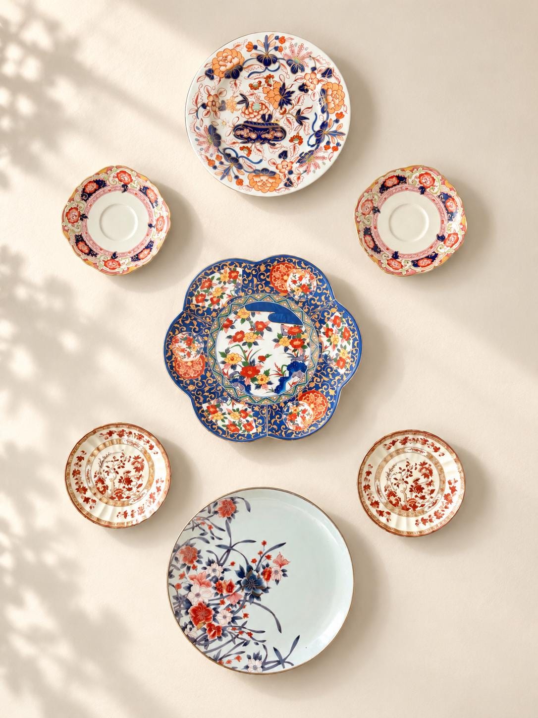 Vintage Imari Style Wall Plate Gallery – 7 Piece Mixed Porcelain Collection