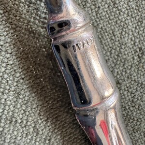 May include: Close-up of a shiny, silver metal object with a bamboo-like design. The word "ITALY" is stamped on the object. The object is set against a textured, green background.
