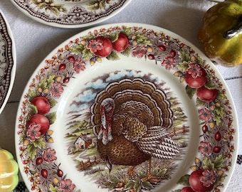 Può includere: Un piatto da cena in ceramica bianca con un bordo marrone e verde che presenta un tacchino, mele e fiori. Il centro del piatto presenta un'illustrazione dettagliata di un tacchino in un ambiente rurale.