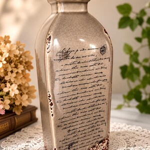 Vintage Rustic Crackle Glaze Ceramic Bottle Vase / Farmhouse Script Decor / Cottagecore Neutral Accent Piece 12” image 2