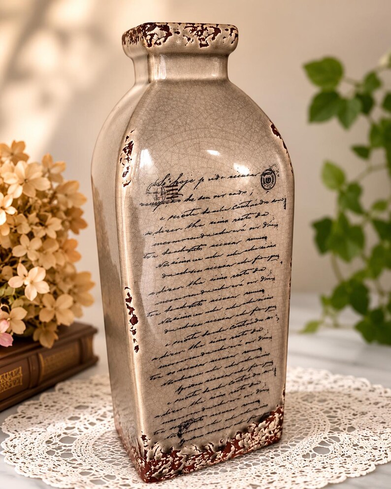 Vintage Rustic Crackle Glaze Ceramic Bottle Vase / Farmhouse Script Decor / Cottagecore Neutral Accent Piece 12” image 2