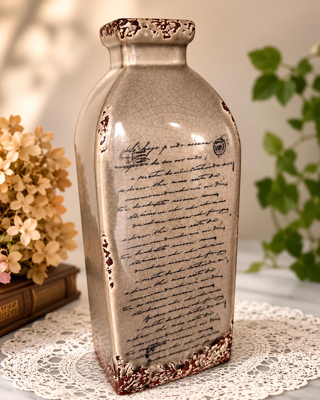 Vintage Rustic Crackle Glaze Ceramic Bottle Vase / Farmhouse Script Decor / Cottagecore Neutral Accent Piece 12”