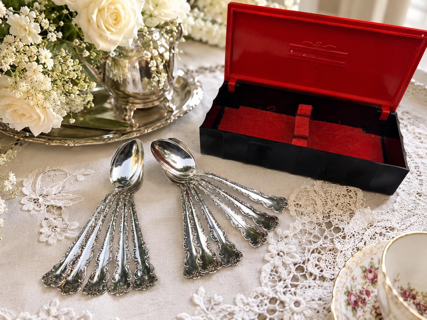 Antique Dresden 1911 Silverplate Teaspoons – Set of 11 – Stratford Silver Co. – Ornate Rococo Flatware – Tea Spoons