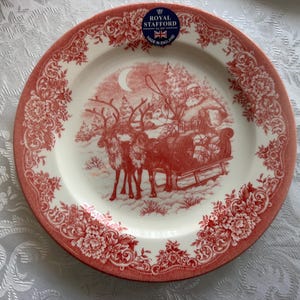 New Vintage Style Transferware - Red Christmas Plates - Christmas Eve Santa - Royal Stafford England image 9