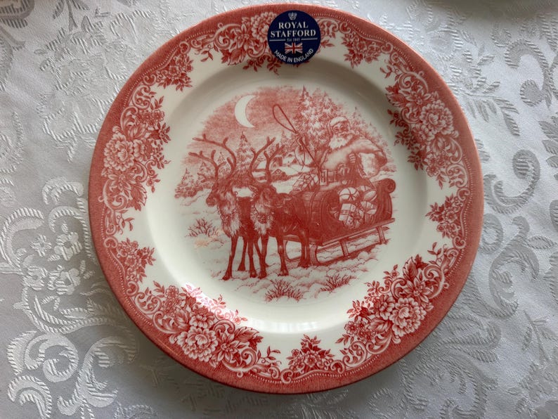 New Vintage Style Transferware - Red Christmas Plates - Christmas Eve Santa - Royal Stafford England image 9