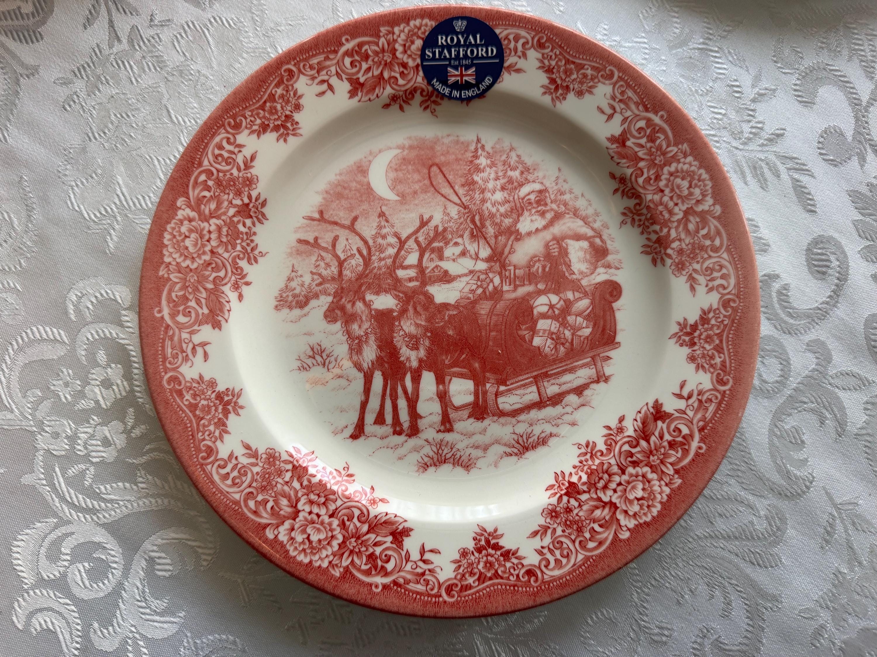 New Vintage Style Transferware - Red Christmas Plates - Christmas Eve Santa - Royal Stafford England