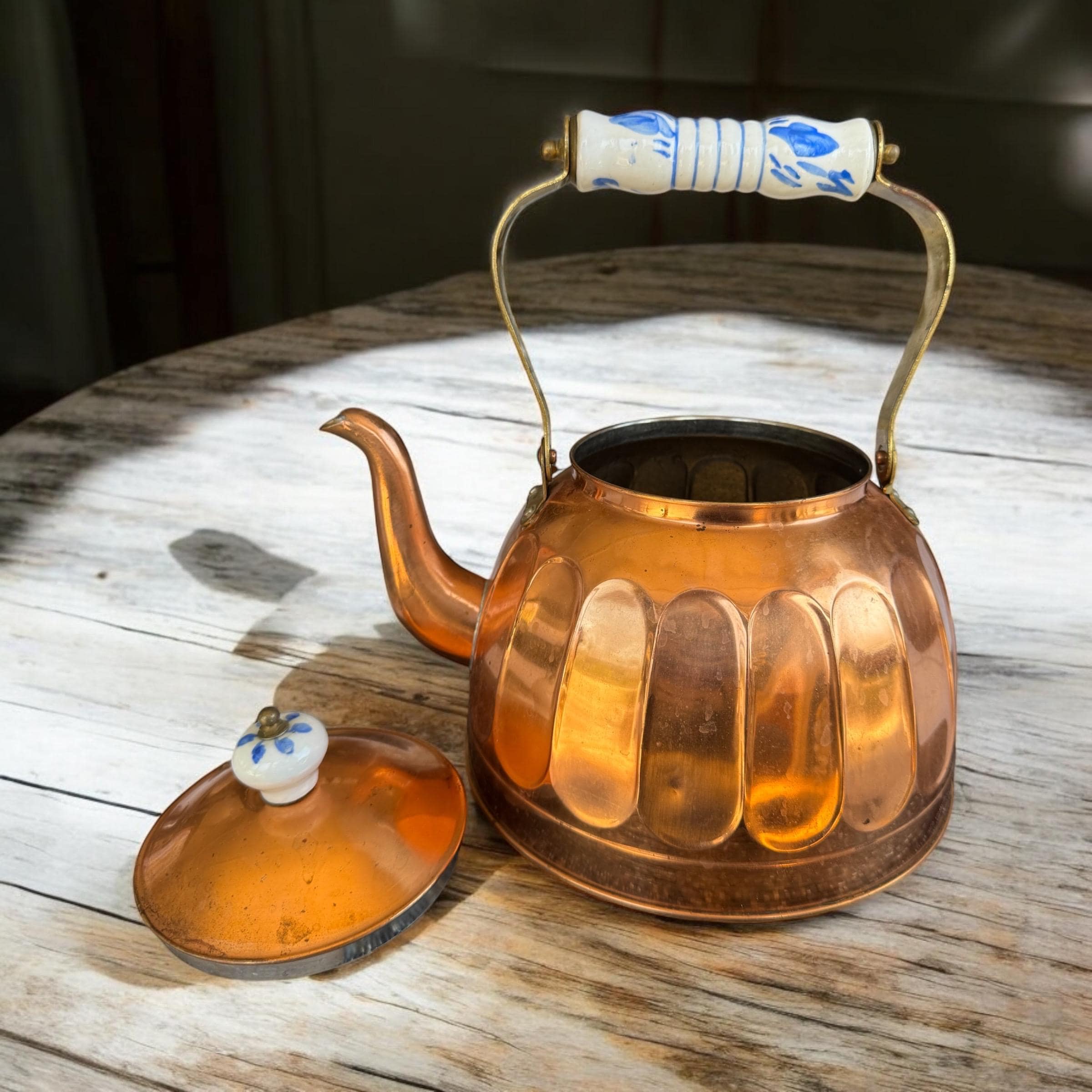 Vintage CopperCraft Guild Copper & Brass Tea Kettle | Black Wood Handle | Rustic Cottage Kitchen Decor