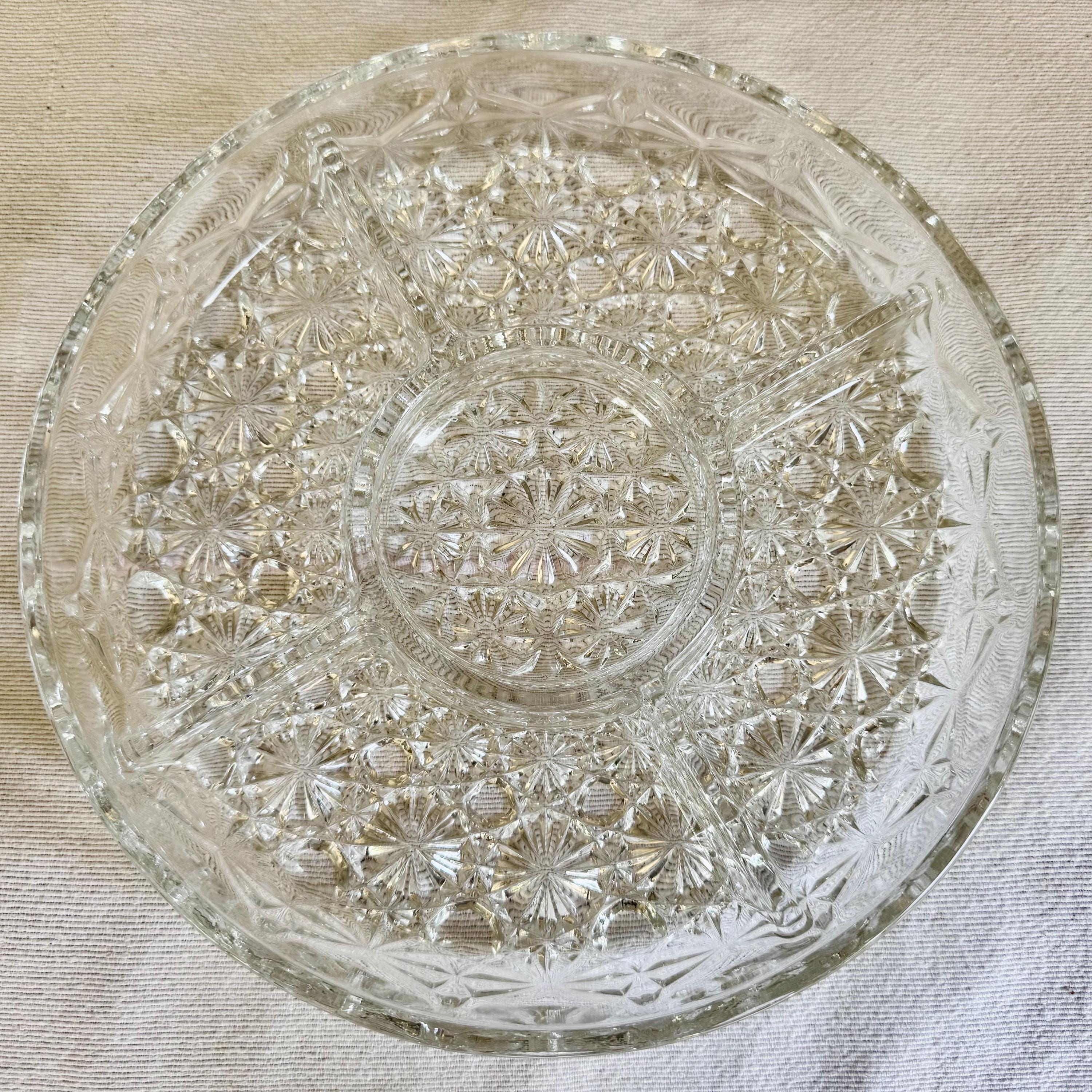 Vintage Crescendo France Crystal Sectional Relish Dish – 10″ Divided Serving Tray with Center Dip