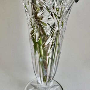 May include: A clear glass vase featuring a flared rim and a circular base, both decorated with a starburst pattern. The body of the vase displays vertical fluted cuts and intricate geometric cross-hatch engravings, containing green plant stems.