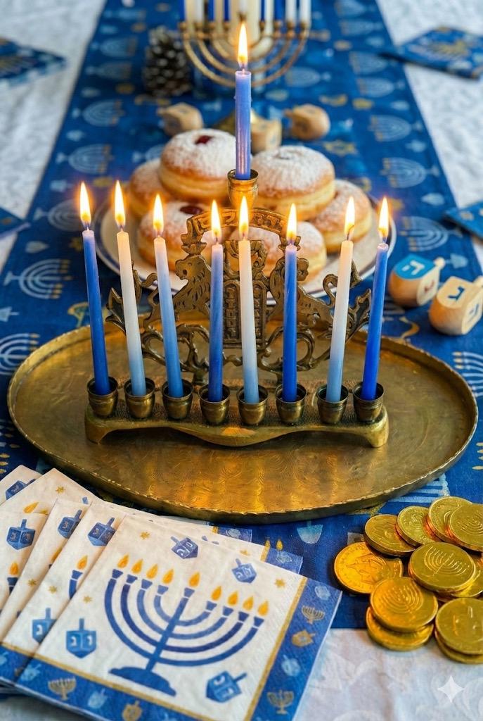Vintage Brass Menorah — Hanukkia with Lions of Judah & Ten Commandments — On Brass Serving Tray