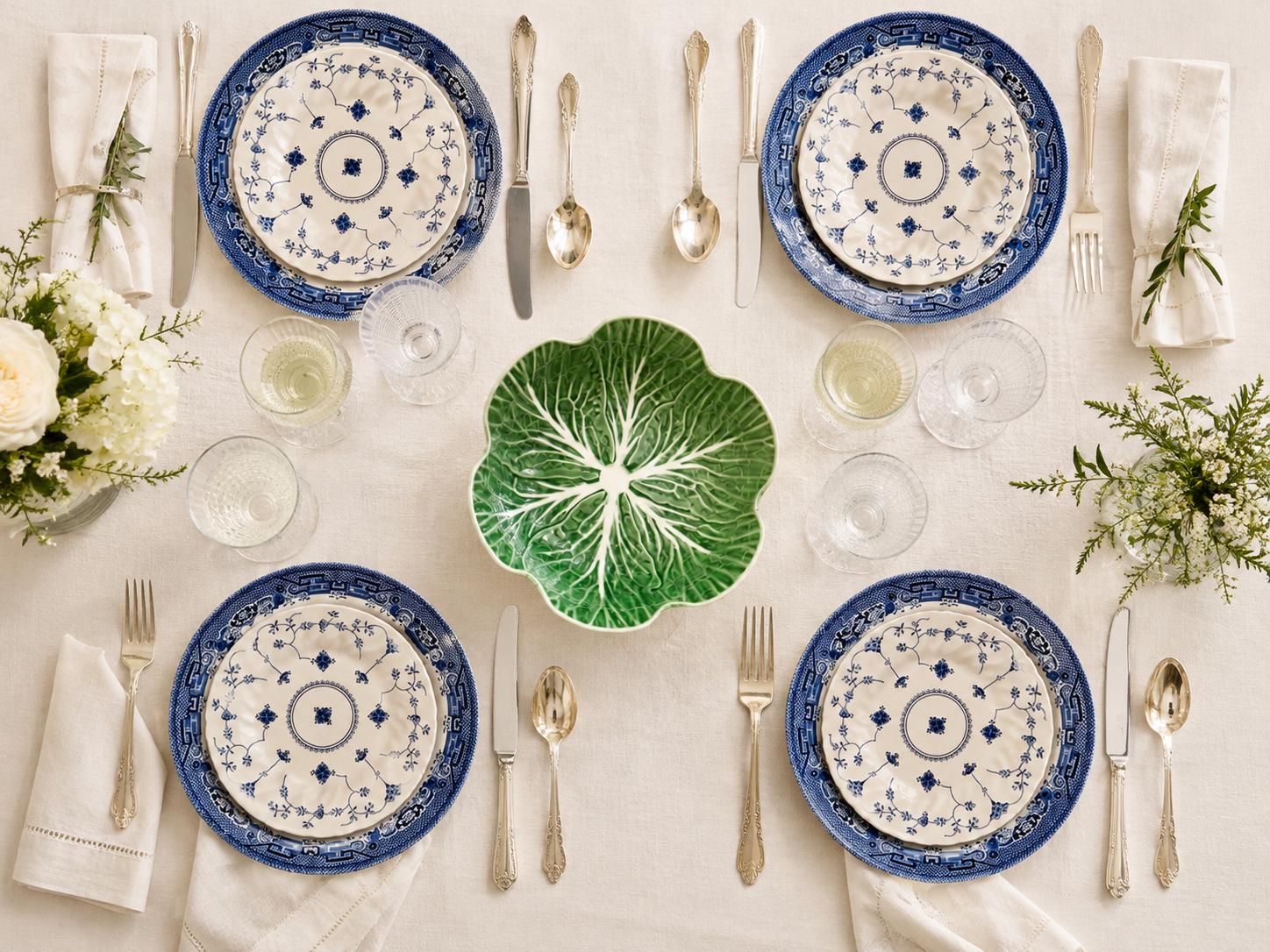 Curated 9-Piece Dinner & Salad Plate Set with Green Cabbage Bowl – Wall Gallery or Dining Set