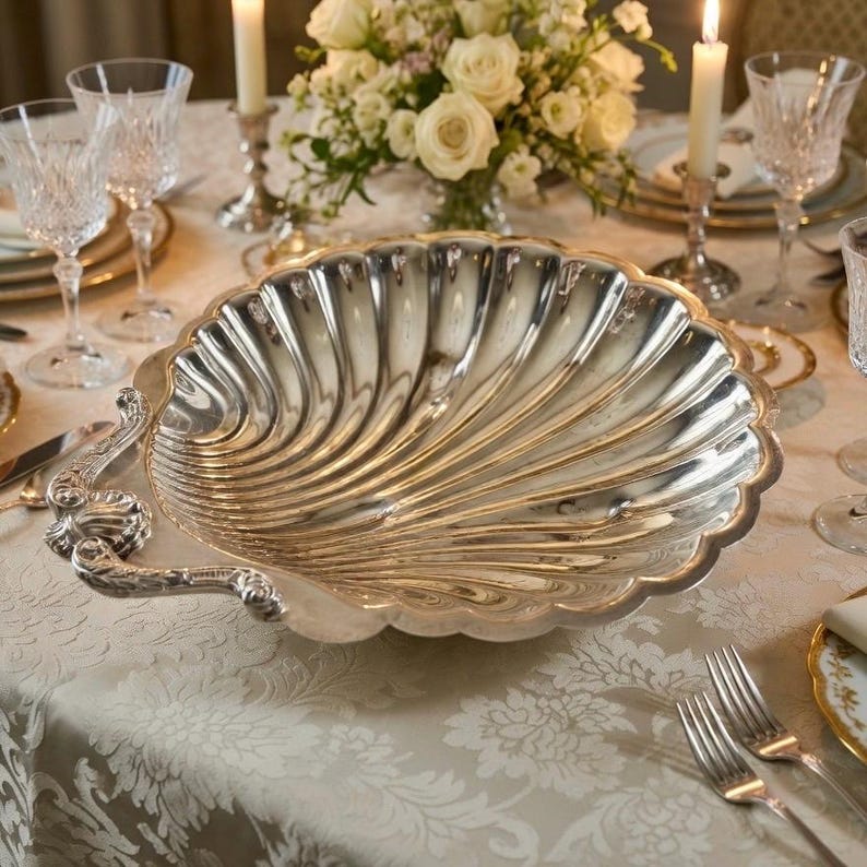 Vintage Grand 16″ Silverplate Shell Hostess Centerpiece Tray with Ornate Handle – Made in USA Huge Centerpiece 16”