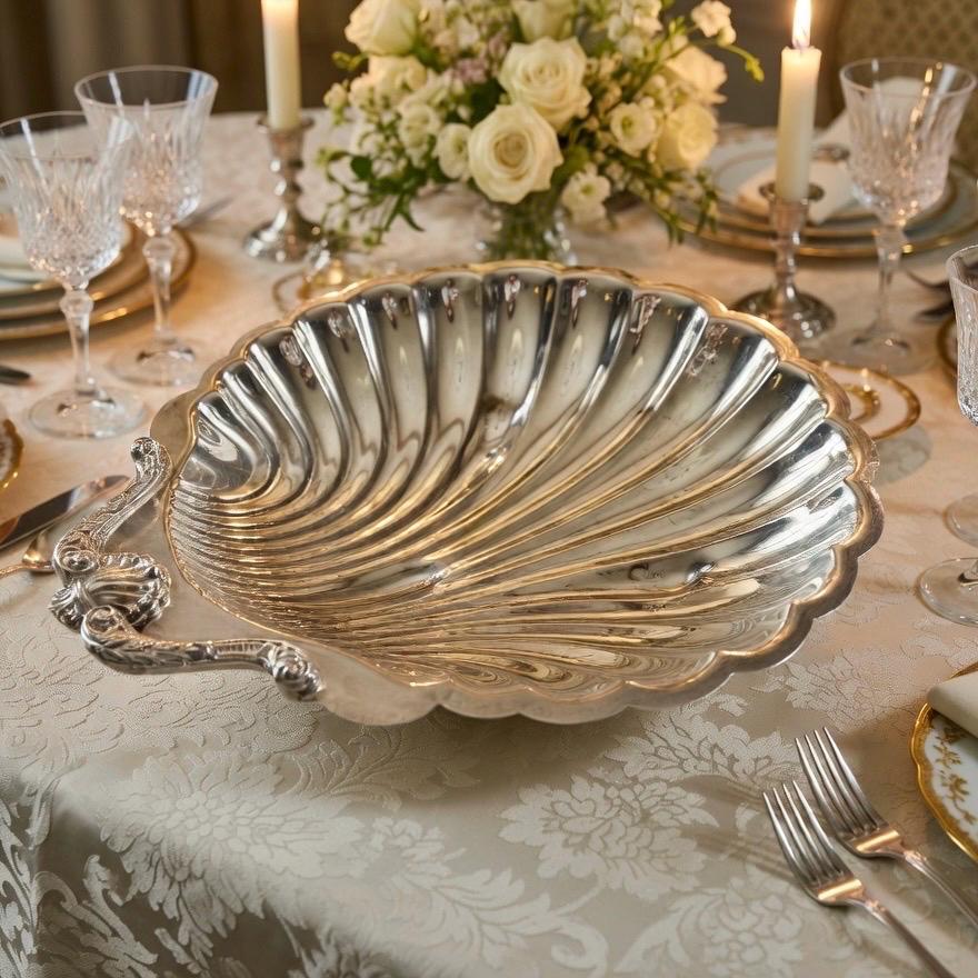 Vintage Grand 16″ Silverplate Shell Hostess Centerpiece Tray with Ornate Handle – Made in USA