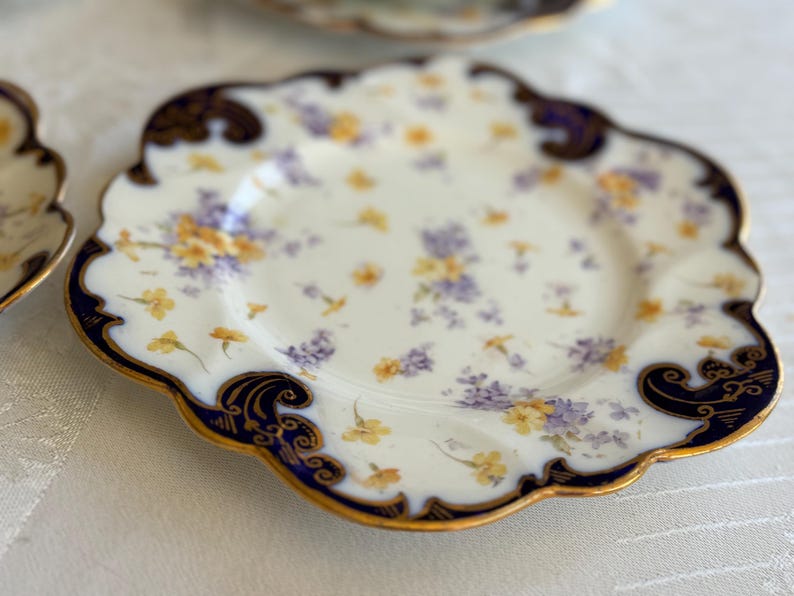 Antique Royal Style Tea Trio – Cobalt Gold & Violets Bone China Set image 5