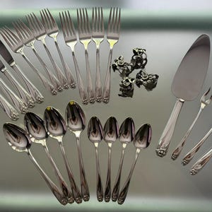 Pu&ograve; includere: Un set di posate color argento che include coltelli, forchette e cucchiai, insieme a una paletta per torte, una piccola forchetta a due rebbi e quattro portatovaglioli in metallo decorativi con motivo floreale su una superficie riflettente.