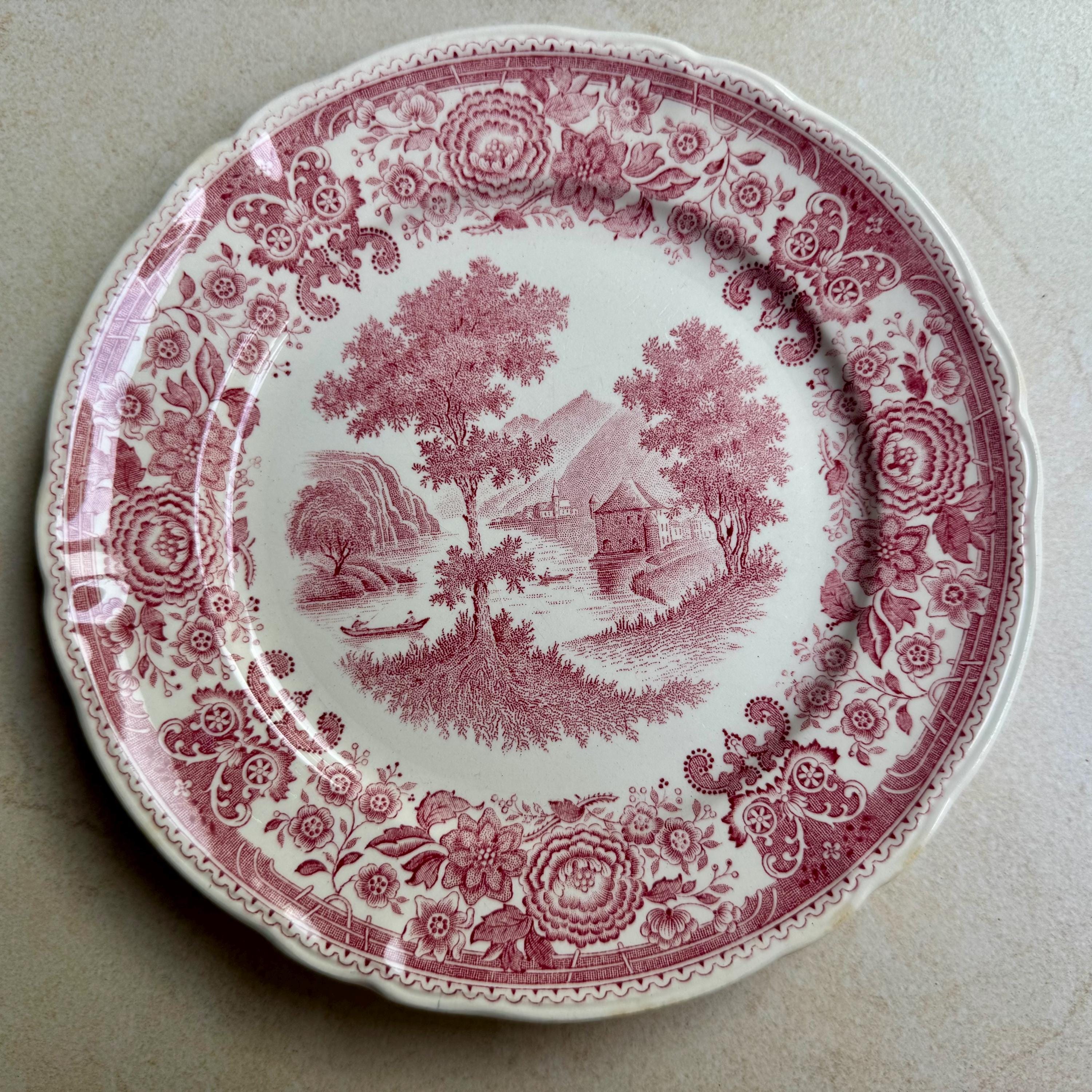 Vintage Red Green Transferware Plate Set: Eclectic Cottagecore Wall Gallery