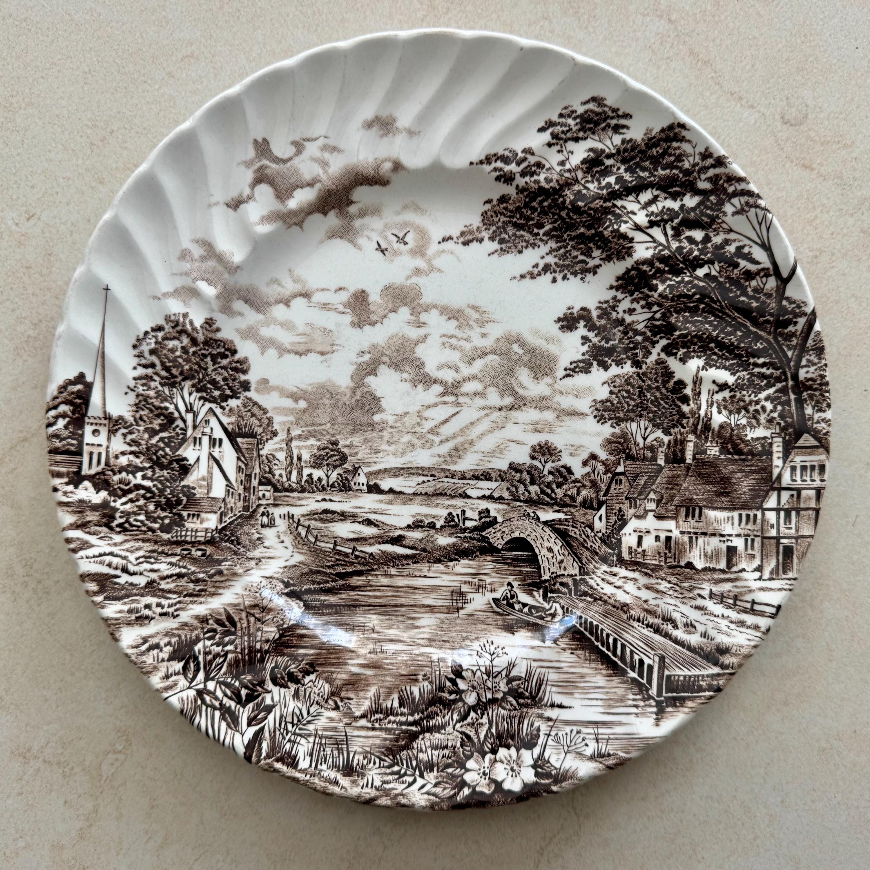 Vintage Brown Transferware Wall Gallery Plate Set or Oil Art —Cottagecore Wall Decor — 7 Plates