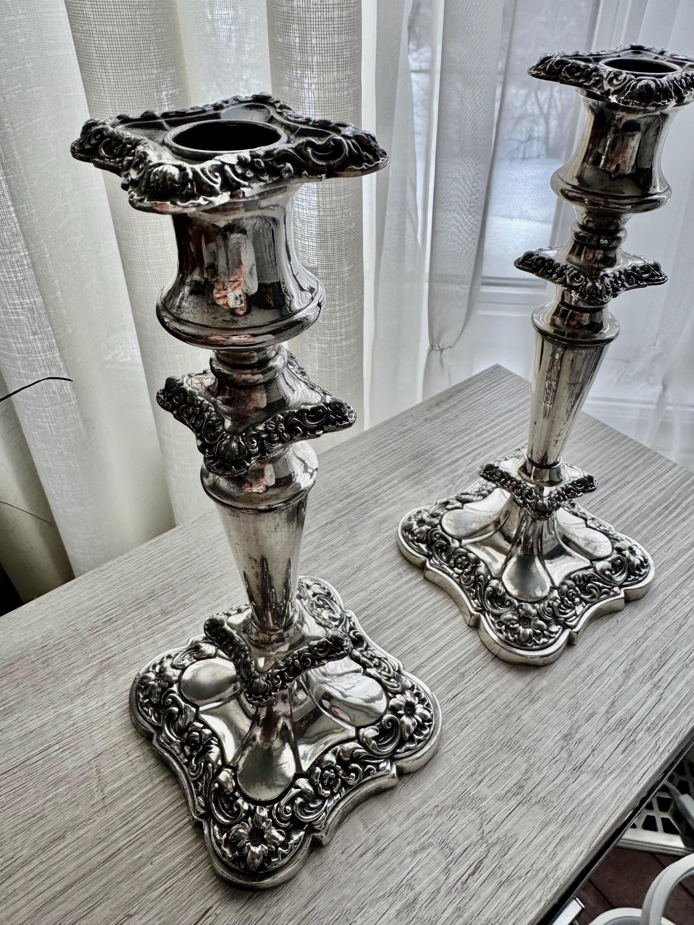 Elegant Silver-Plated Candle Holders – Ornate Vintage Charm — Candlesticks Extra Tall 13.5”