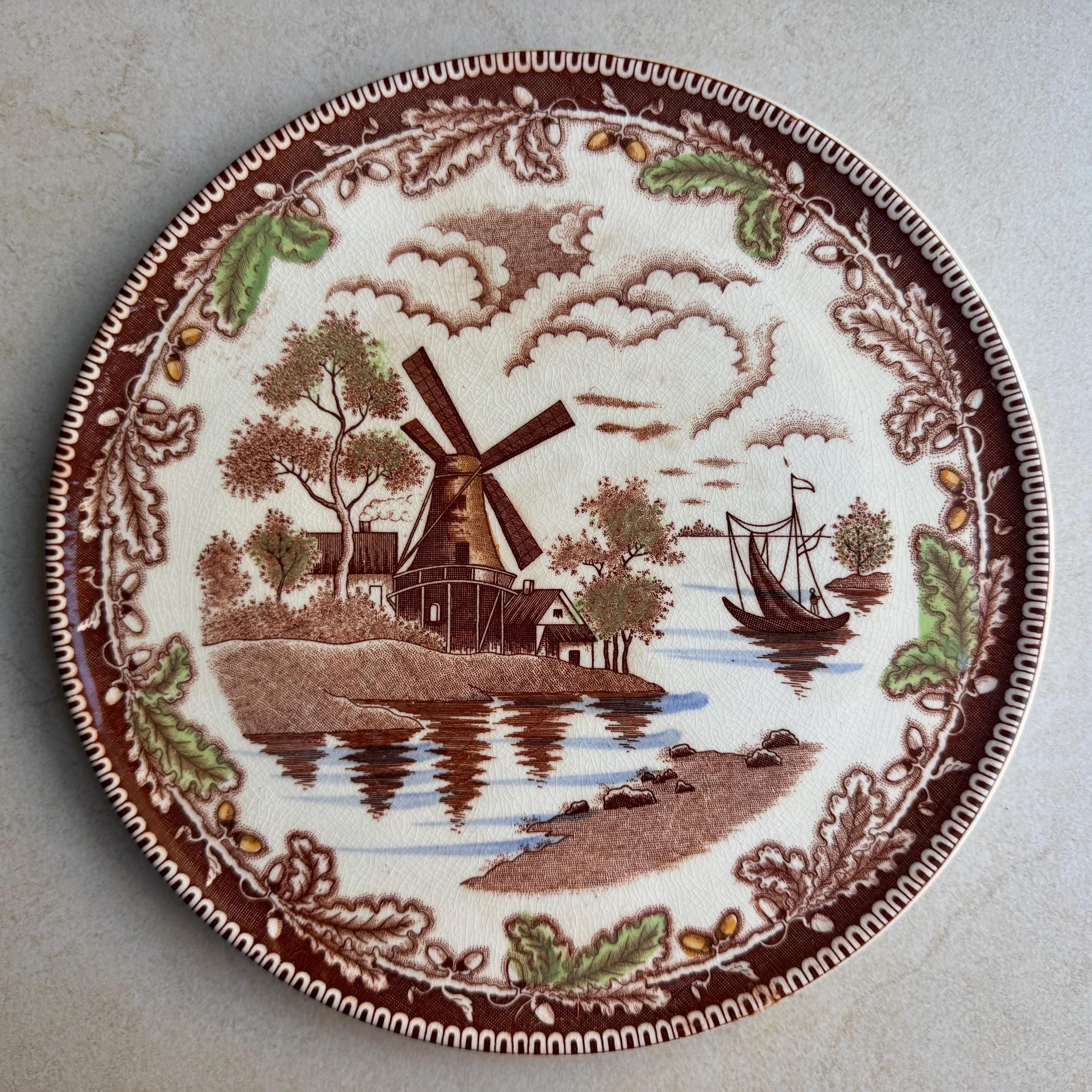 Vintage Autumn Wall Plate Gallery – 8 Piece Mixed Transferware & Leaf Dish Collection – Brown Floral, Windmill, Maple Leaf Decor