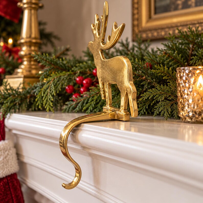 May include: A gold-colored metal stocking holder shaped like a standing reindeer with large antlers. The figure is attached to a curved hook designed to hang over the edge of a mantelpiece, featuring a smooth, reflective metallic finish.