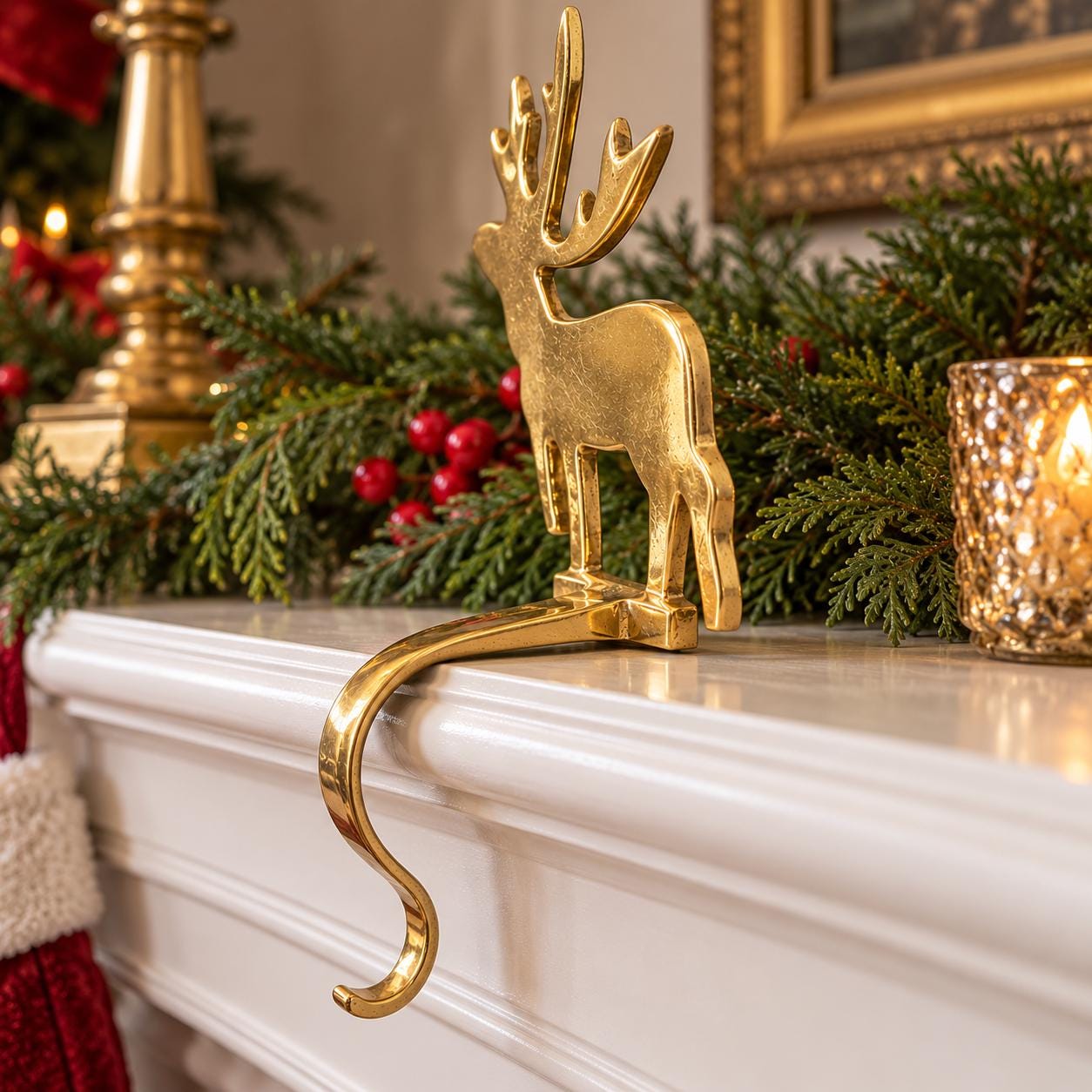 Pair of Vintage Brass Reindeer Stocking Holders | Gold Deer Christmas Mantel Hooks | Holiday Fireplace Decor