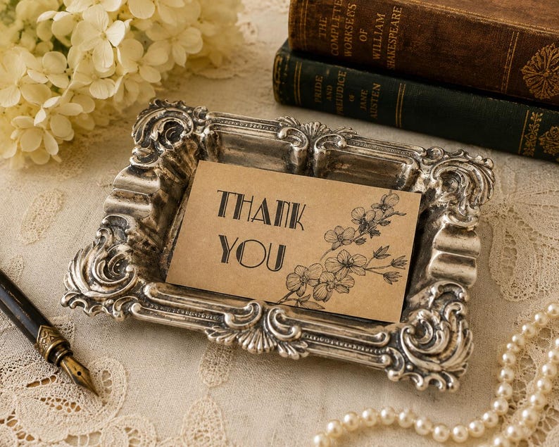 May include: A rectangular silver-toned metal tray with ornate, raised scrollwork edges. Inside the tray sits a rectangular tan card featuring the black printed text THANK YOU and a detailed black line drawing of a flowering branch.
