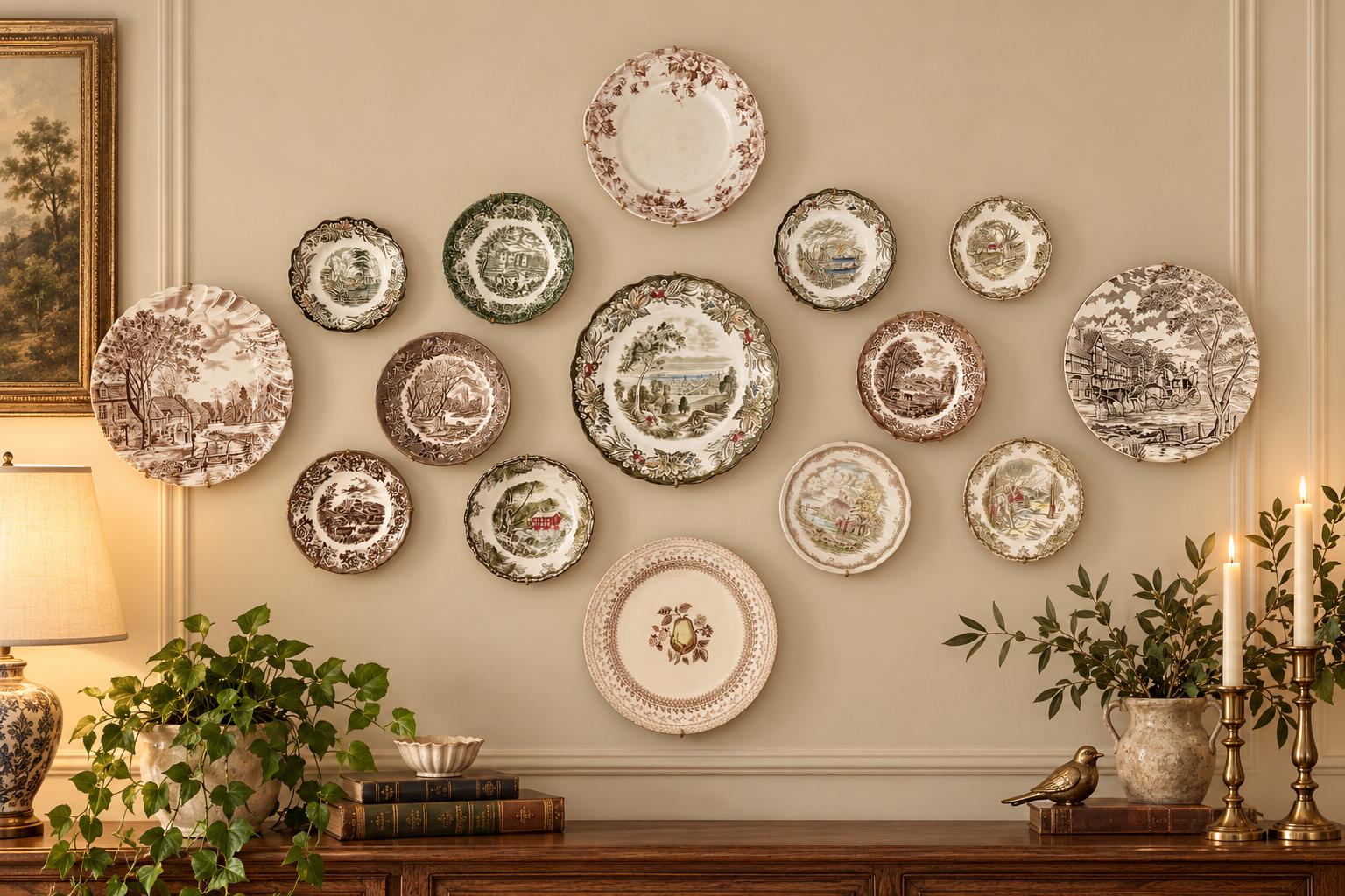 Gallery Wall Mismatched Set - England Farm Scenes in Brown & Green — 15 Plates