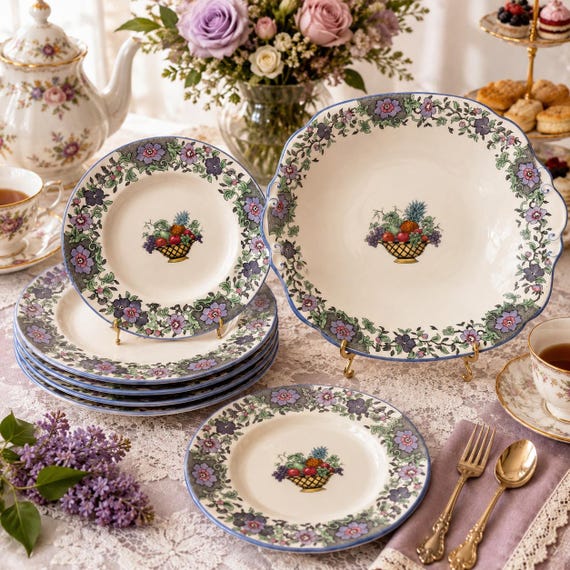 Vintage Cauldon China — Handled Cake Plate & 8 Dessert Plates — Made in England