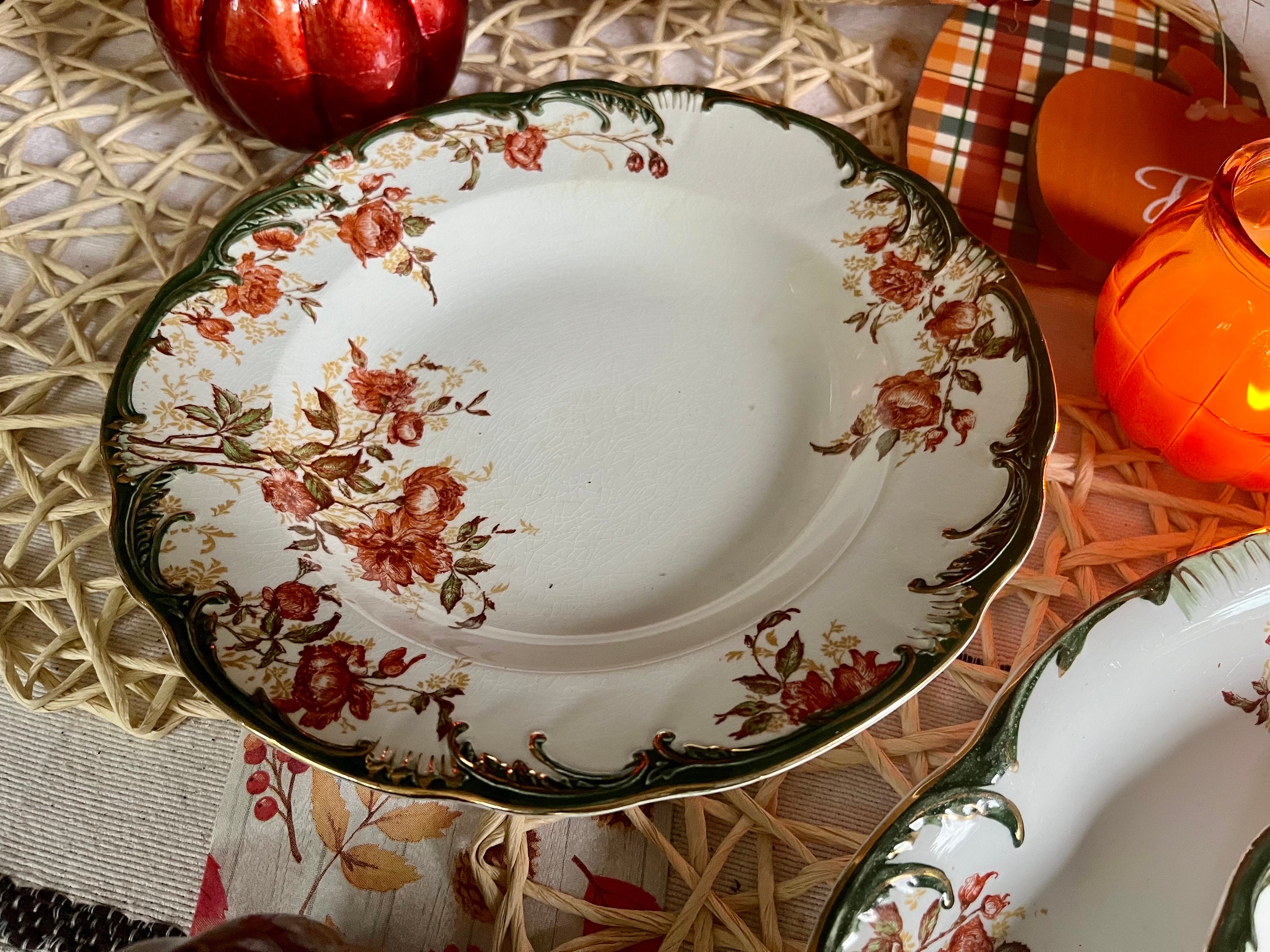 Antique Ridgway England Floral Dining Ensemble: Green & Gold, 6-Piece Set