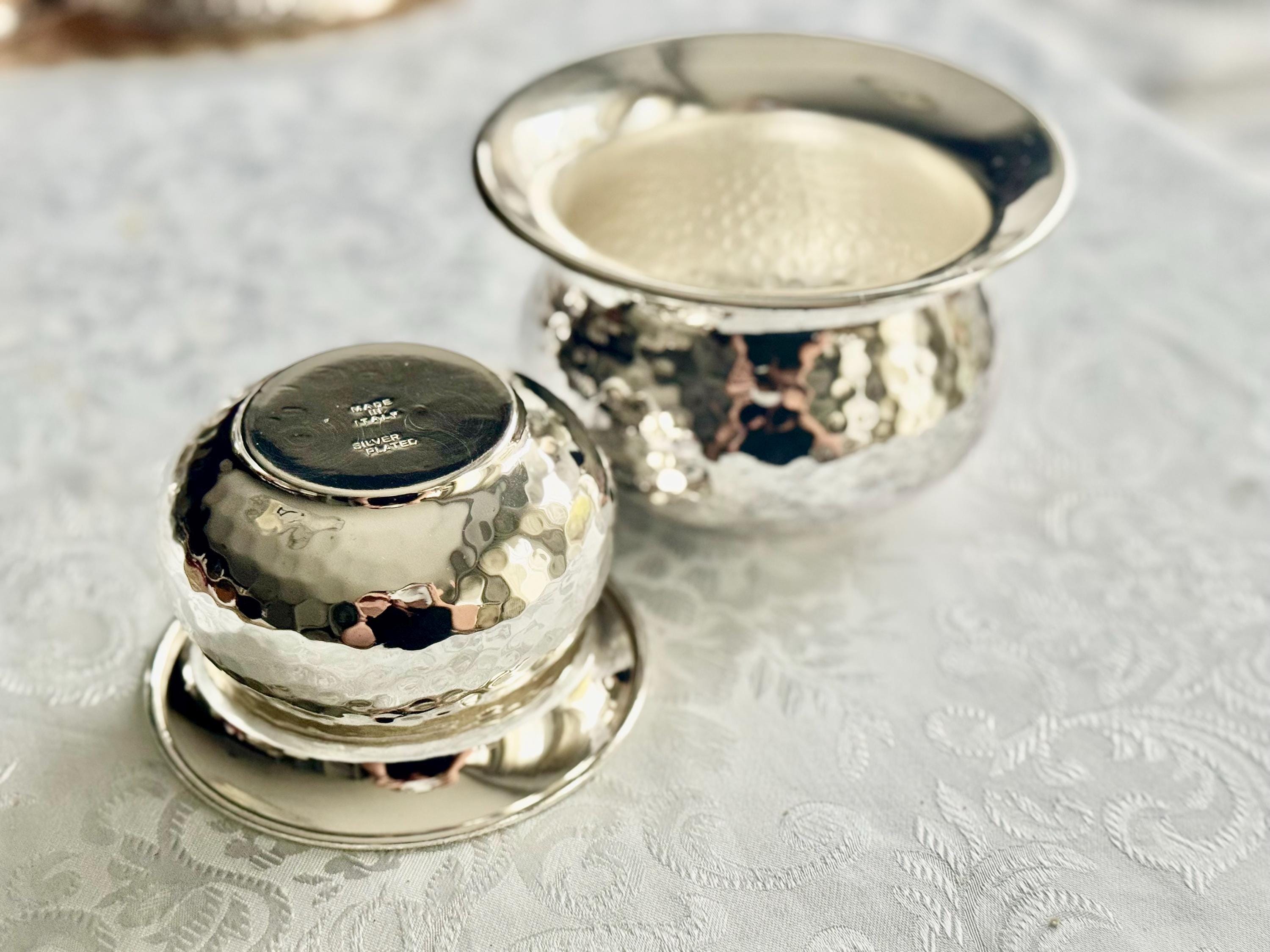 Italian Hammered Silverplate Bowls or Planters — Polished Reflective Vintage Pair