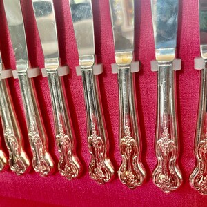 May include: A set of eight silver-toned metal knives arranged in a row. Each knife features a polished, reflective blade and a decorative, ornate handle with embossed scrollwork details. The knives are held in place by small, light-colored plastic clips.