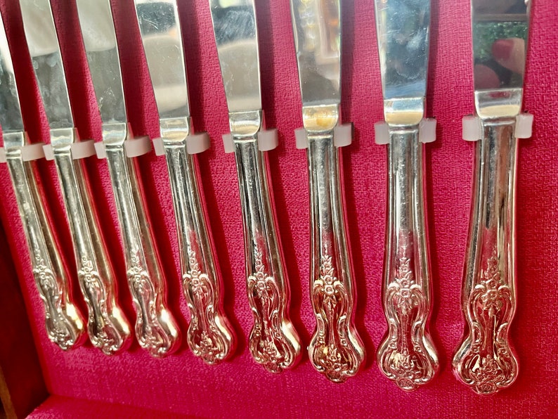 May include: A set of eight silver-toned metal knives arranged in a row. Each knife features a polished, reflective blade and a decorative, ornate handle with embossed scrollwork details. The knives are held in place by small, light-colored plastic clips.