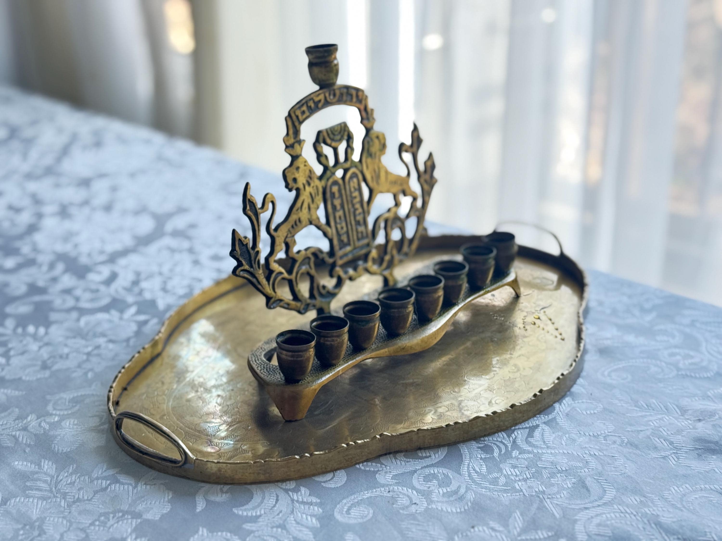 Vintage Brass Menorah — Hanukkia with Lions of Judah & Ten Commandments — On Brass Serving Tray