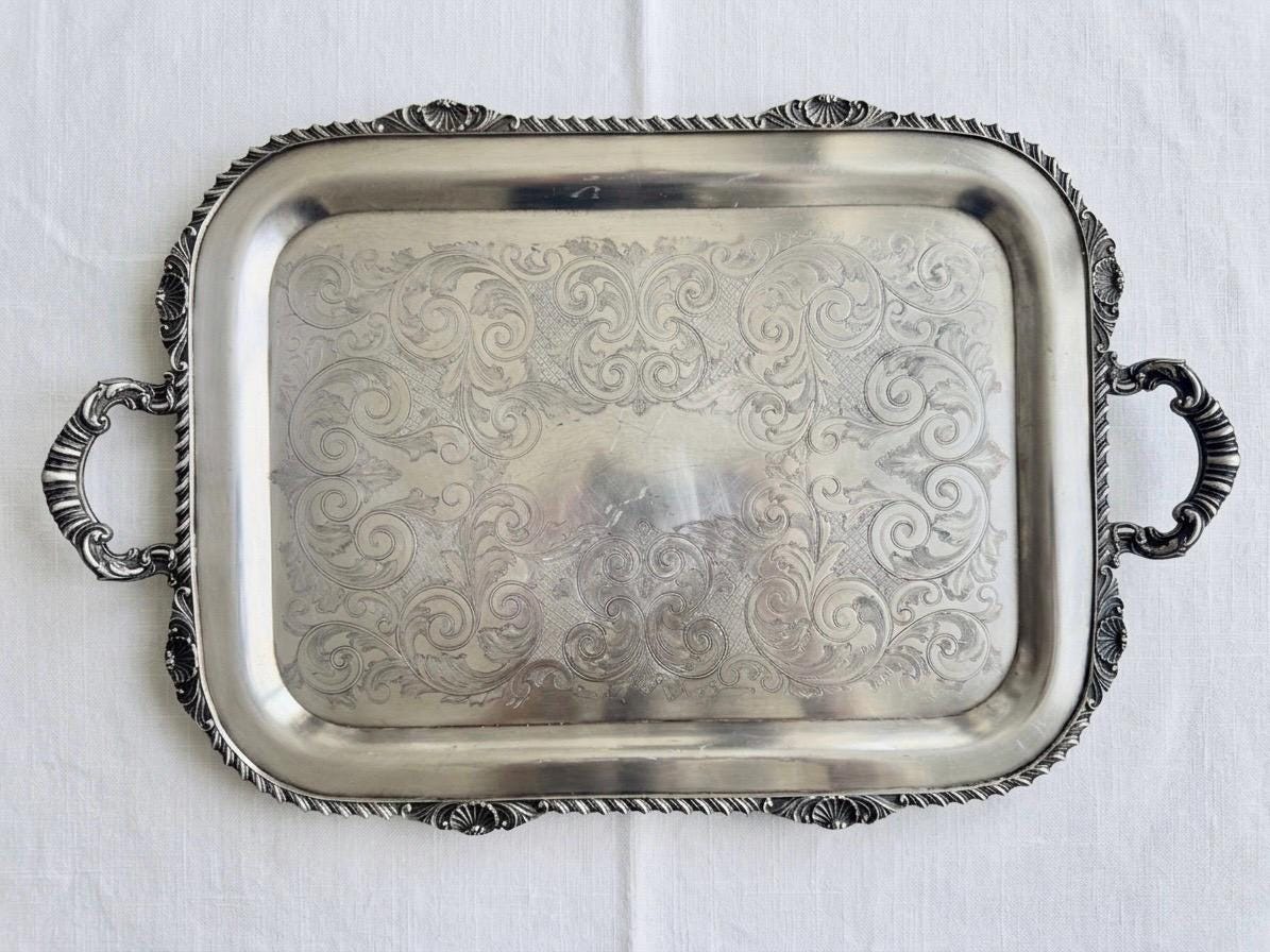 Vintage Silver Plated Serving Tray – Ornate Handled & Footed – Bar Cart Vanity Tablescape – Sold Individually
