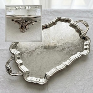 Pu&ograve; includere: Un vassoio da portata rettangolare color argento con bordi smerlati decorati e due manici ornamentali. La superficie presenta un intricato motivo floreale in rilievo. Il vassoio &egrave; sostenuto da quattro piedini curvi e dettagliati, come mostrato nel riquadro.
