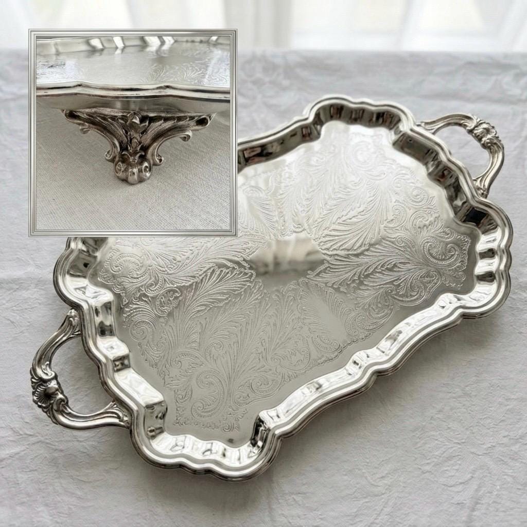 Vintage Silver Plated Serving Tray – Ornate Handled & Footed – Bar Cart Vanity Tablescape – Sold Individually