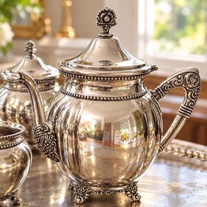 May include: A polished silver teapot featuring a rounded, ribbed body, a decorative finial on the lid, an ornate handle, and a curved spout. The teapot stands on four detailed feet and is accompanied by a matching lidded container and a small bowl.